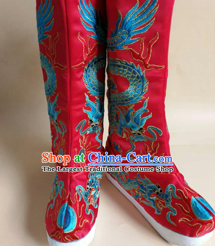 Chinese Sichuan Opera Embroidered Dragon Shoes Ancient Emperor Shoes Beijing Opera King Shoes Handmade Imperial Red Satin Boots