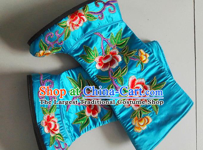Chinese Beijing Opera Female General Shoes Embroidered Peony Blue Satin Boots Peking Opera Shoes Ancient Swordswoman Shoes