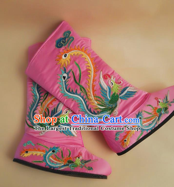 Chinese Peking Opera Shoes Ancient Swordswoman Shoes Beijing Opera Female General Shoes Embroidered Phoenix Pink Satin Boots