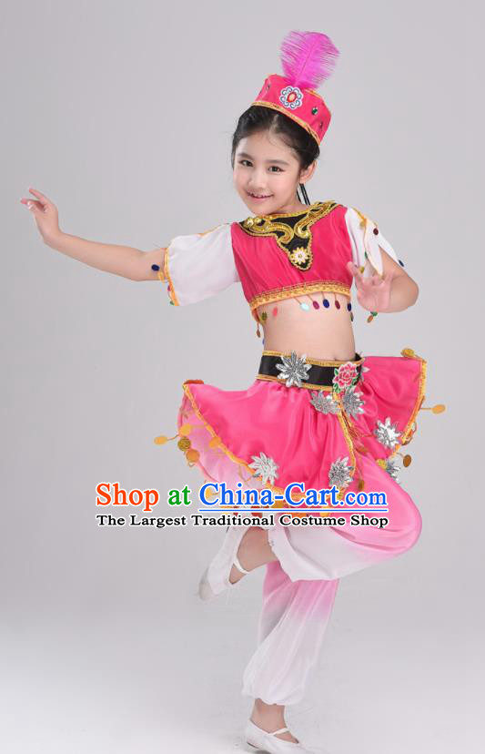 Chinese Xinjiang Ethnic Children Stage Performance Garments Uyghur Minority Girl Pink Outfits Uighur Nationality Folk Dance Clothing