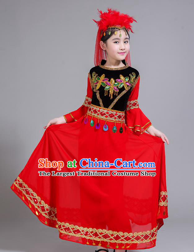 Chinese Xinjiang Ethnic Children Performance Garments Uighur Minority Girl Red Dress Outfits Uyghur Nationality Folk Dance Clothing