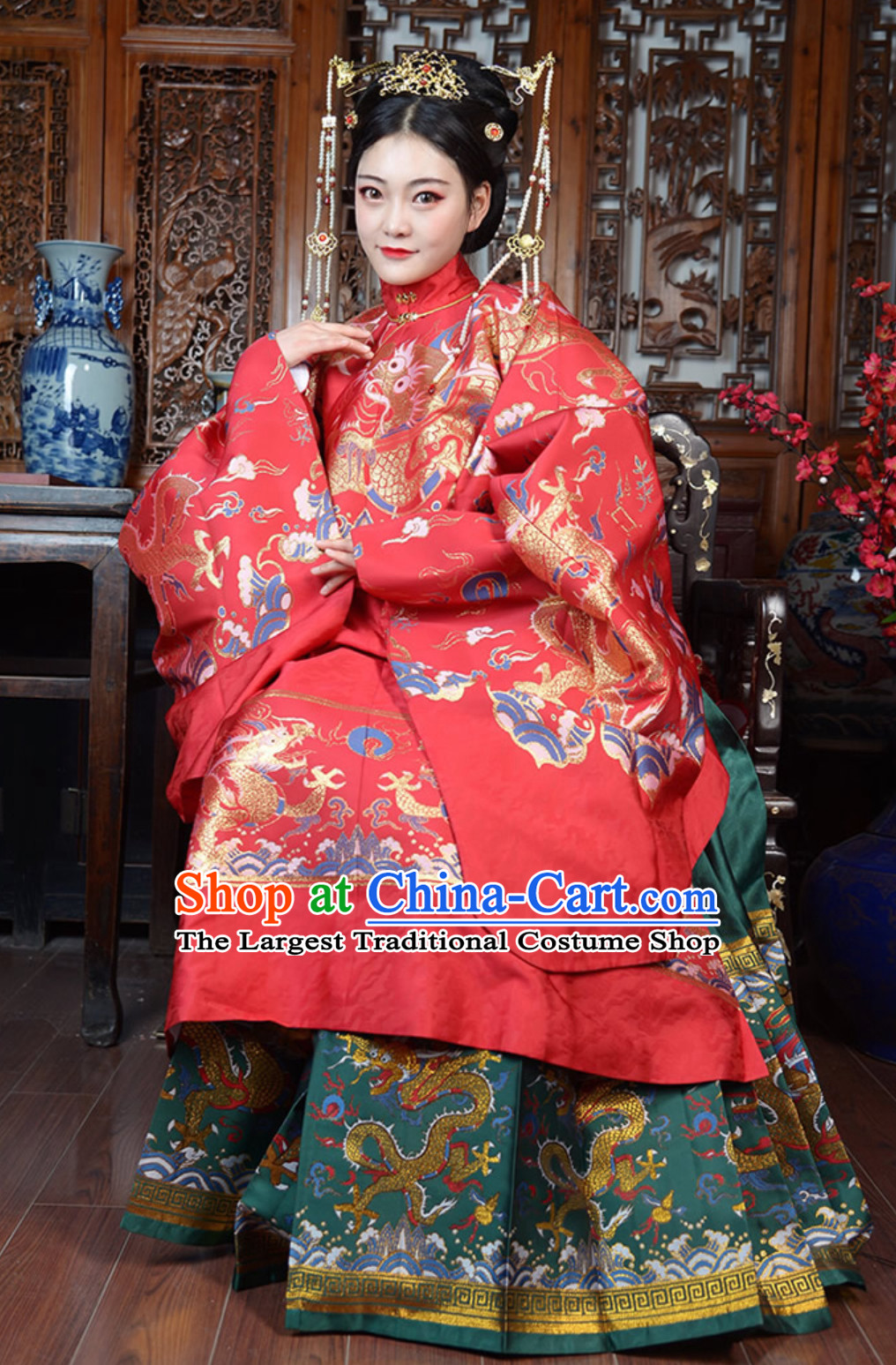 Lucky Red Top Chinese Ancient Royal Wedding Dress Ming Dynasty Queen Garments for Ladies