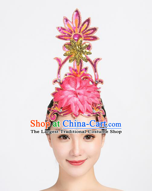 China Spring Festival Gala Opening Dance Headpiece Woman Group Dance Rosy Sequins Hair Stick Modern Dance Hair Accessories