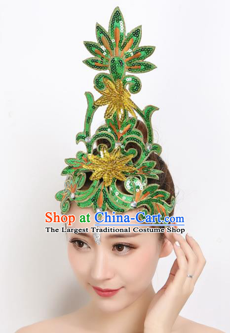China New Year Folk Dance Headpiece Woman Yangko Dance Green Sequins Hair Stick Group Dance Hair Accessories