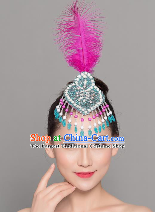China Mongol Nationality Dance Rosy Feather Hair Stick Yangko Dance Hair Accessories Woman Group Dance Headpiece