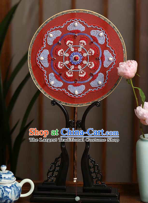 China Handmade Red Silk Palace Fan Traditional Hanfu Dance Circular Fans Wedding Bride Embroidered Beads Fan