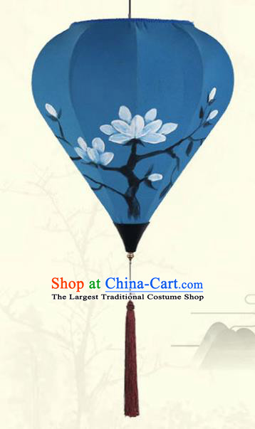 China Handmade Painting Mangnolia Lantern Classical Blue Cloth Hanging Lamp Traditional New Year Diamond Lanterns