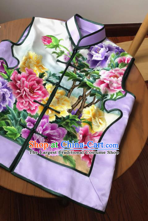Chinese Hand Suzhou Embroidered Peony Vest National Purple Silk Waistcoat Traditional Tang Suit Upper Outer Garment