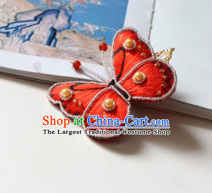 Handmade China Classical Qipao Pearls Hair Accessories Embroidered Red Butterfly Hair Stick