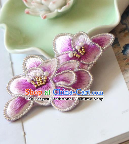 Handmade China Classical Qipao Pearls Hair Stick Accessories Embroidered Purple Mangnolia Hair Claw