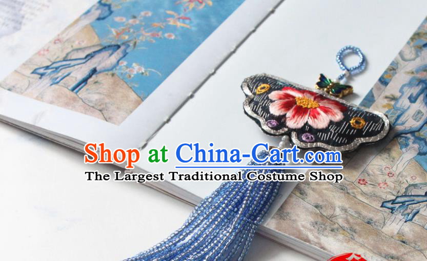 Handmade China Classical Hanfu Blue Beads Tassel Brooch Accessories Suzhou Embroidered Black Belt Pendant