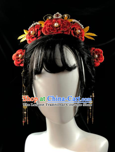 China Song Dynasty Wedding Red Peony Hair Crown Traditional Hanfu Headpiece Ancient Bride Tassel Hairpins Hair Accessories