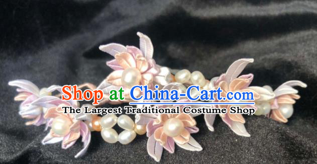 China Handmade Pearls Hairpin Traditional Hanfu Headpiece Ancient Princess Lilac Silk Flowers Hair Stick