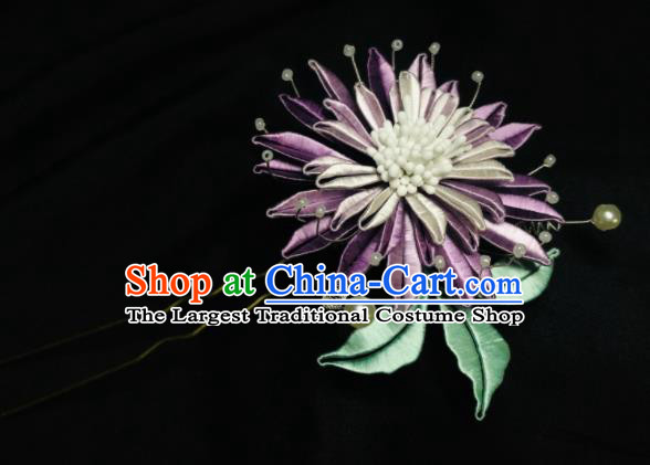 China Handmade Purple Silk Cornflower Hairpin Traditional Song Dynasty Hanfu Headpiece Ancient Palace Lady Hair Stick