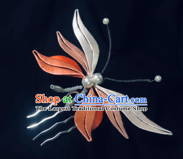China Handmade Orange Silk Butterfly Hairpin Traditional Song Dynasty Hanfu Hair Accessories Ancient Young Woman Hair Comb