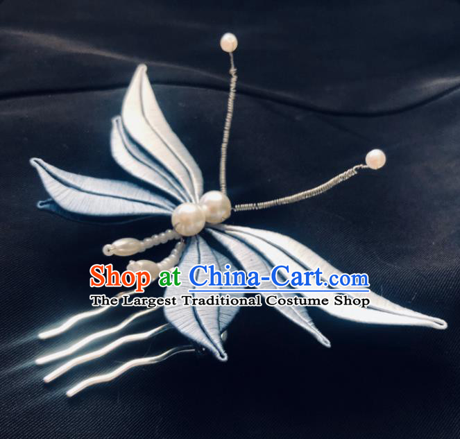 China Handmade Blue Silk Butterfly Hairpin Traditional Song Dynasty Hanfu Hair Accessories Ancient Court Lady Hair Comb