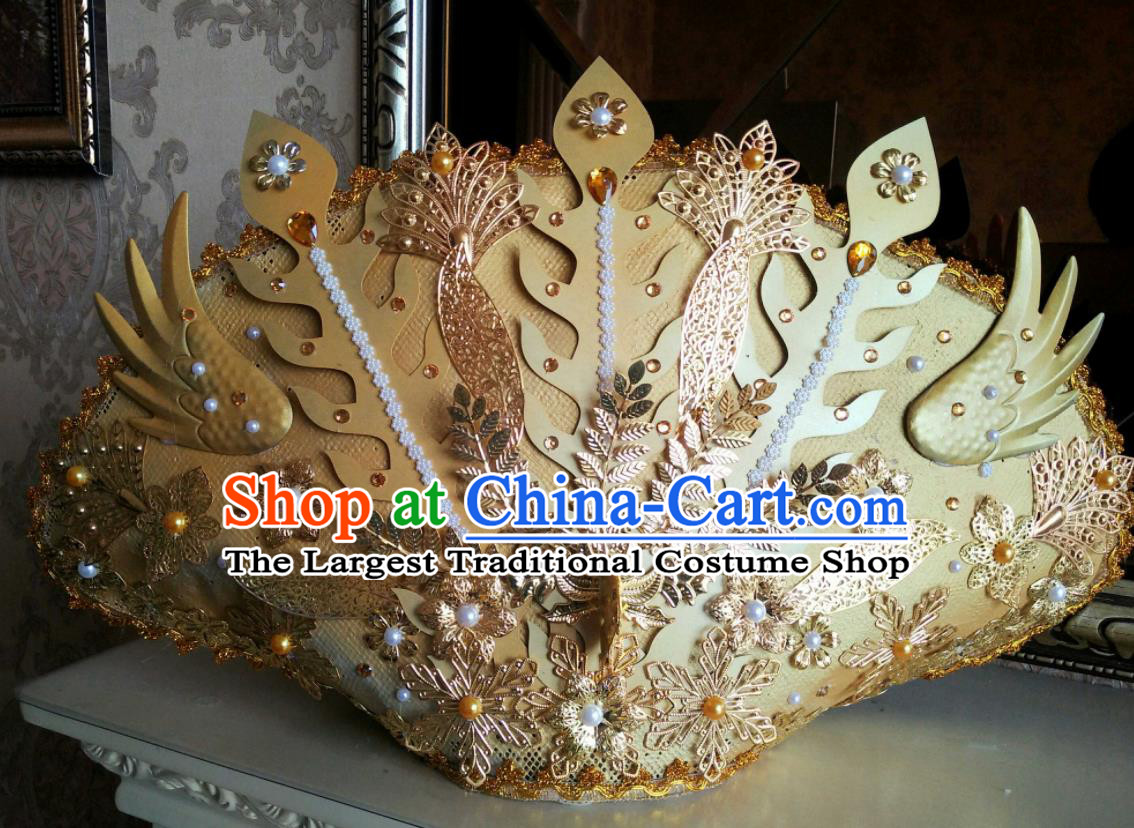 China Cheongsam Show Pearls Hair Accessories Catwalks Performance Deluxe Headwear Cosplay Queen Golden Phoenix Hair Crown