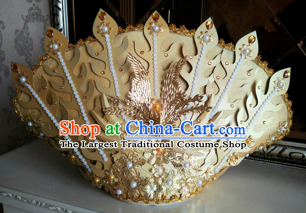 China Cosplay Empress Golden Phoenix Hair Crown Cheongsam Show Pearls Hair Accessories Catwalks Performance Deluxe Headwear