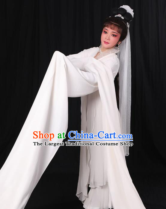 China Yue Opera Distress Woman Garment Costumes Peking Opera Actress Clothing Ancient Widow White Water Sleeve Dress