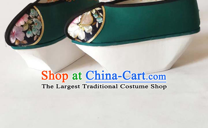 China Qing Dynasty Court Shoes Traditional Peking Opera Diva Shoes Beijing Opera Hua Tan Deep Green Embroidered Shoes