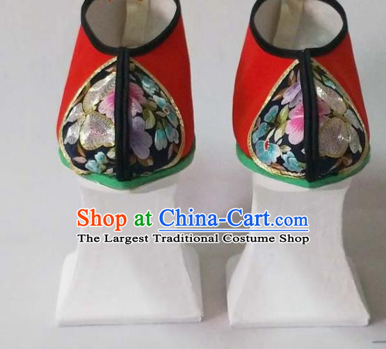 China Beijing Opera Hua Tan Red Embroidered Shoes Qing Dynasty Court Shoes Traditional Peking Opera Diva Shoes