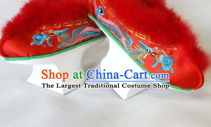 China Qing Dynasty Imperial Consort Shoes Traditional Peking Opera Diva Red Satin Shoes Beijing Opera Hua Tan Embroidered Shoes