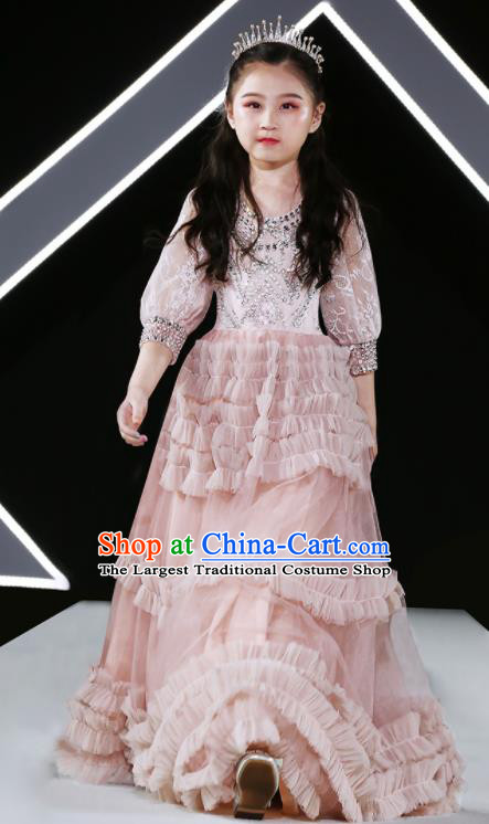Professional Flower Girl Garment Stage Show Fashion Clothing Catwalks Pink Evening Dress Children Compere Formal Costume