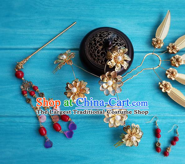 Chinese Tang Dynasty Queen Hair Stick Traditional Hanfu Hair Accessories Ancient Princess Golden Leaf Hairpins Full Set