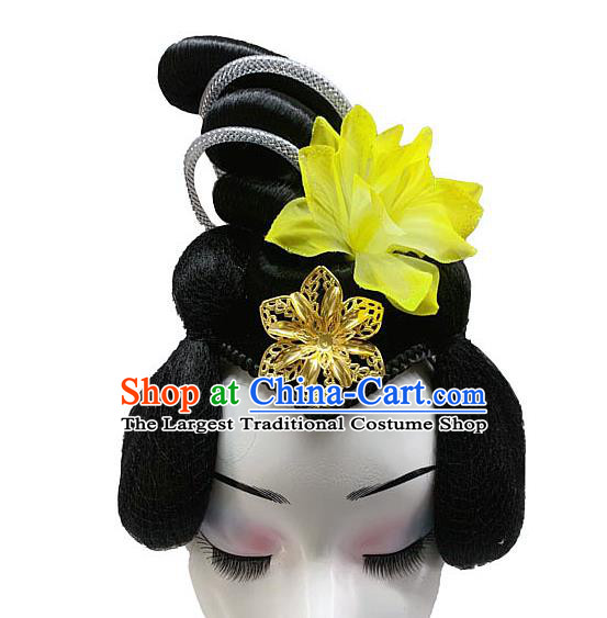Chinese Stage Performance Wigs Chignon Headdress Classical Dance Hairpieces Traditional Woman Group Dance Yellow Flower Hair Accessories