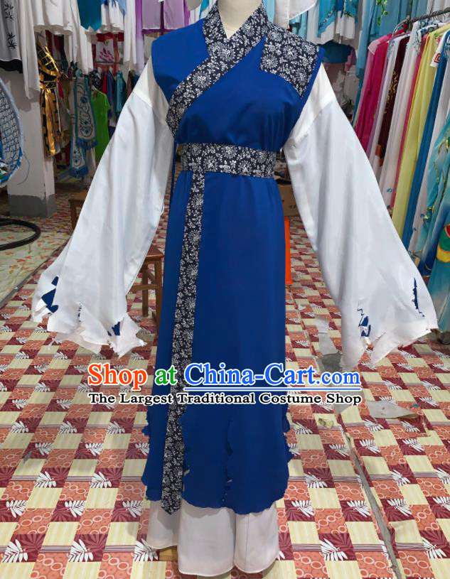 China Shaoxing Opera Beggar Garment Costumes Beijing Opera Xiaosheng Blue Robe Uniforms Traditional Opera Scholar Clothing