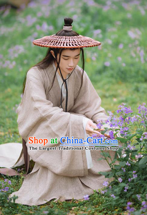 China Ancient Young Childe Garment Costume Traditional Hanfu Long Gown Song Dynasty Scholar Clothing