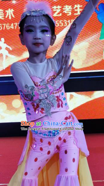 China Children Stage Performance Pink Suits Fish Dance Costumes Kids Folk Dance Clothing