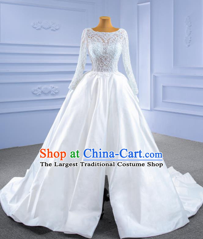 Custom Lace Wedding Dress Ceremony Formal Garment Bride White Satin Trailing Dress Stage Performance Costume Luxury Bridal Gown