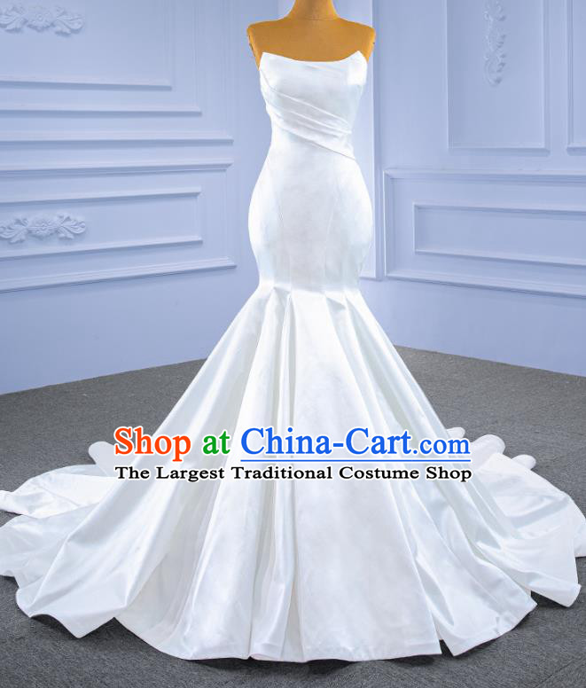 Custom Bride White Satin Trailing Dress Stage Show Costume Luxury Bridal Gown Fishtail Wedding Dress Ceremony Formal Garment