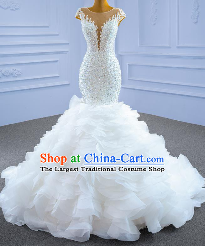 Custom Bride Trailing Full Dress Stage Show Costume Luxury Fishtail Bridal Gown Vintage Embroidery Beads Wedding Dress Ceremony Formal Garment