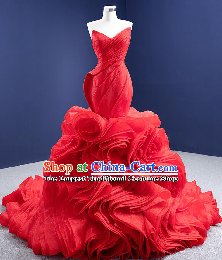Custom Vintage Red Flowers Trailing Wedding Dress Ceremony Formal Garment Bride Full Dress Stage Show Costume Luxury Bridal Gown