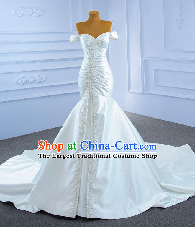 Custom Vintage White Satin Trailing Wedding Dress Ceremony Formal Garment Bride Embroidery Pearls Full Dress Stage Show Costume Luxury Compere Clothing