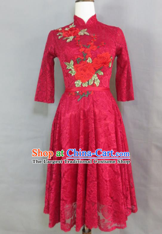 China Classical Wine Red Lace Cheongsam Traditional Embroidery Peony Qipao Dress Bride Toasting Clothing Wedding Garment Costumes