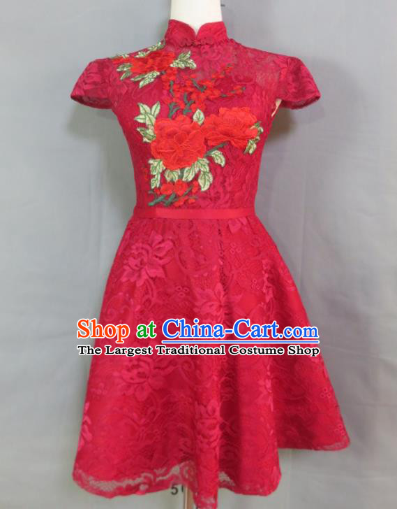 China Wedding Garment Costumes Classical Wine Red Lace Cheongsam Traditional Embroidery Peony Qipao Dress Bride Toasting Clothing