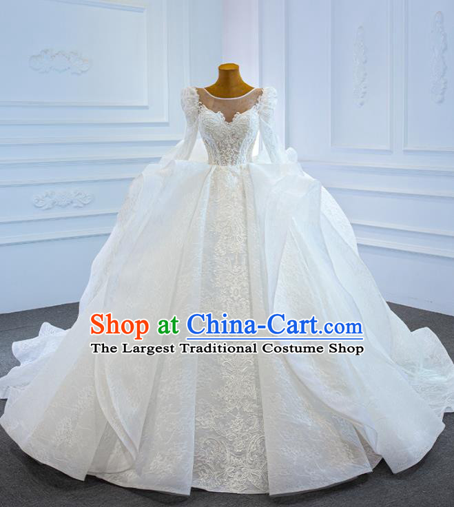 Custom Vintage Formal Garment Bride Trailing Full Dress Catwalks Princess Costume Ceremony Compere Clothing Luxury Embroidery White Lace Wedding Dress