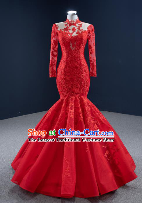 Custom Marriage Bride Clothing Vintage Embroidery Fishtail Wedding Dress Luxury Formal Garment Compere Red Lace Full Dress Catwalks Princess Costume