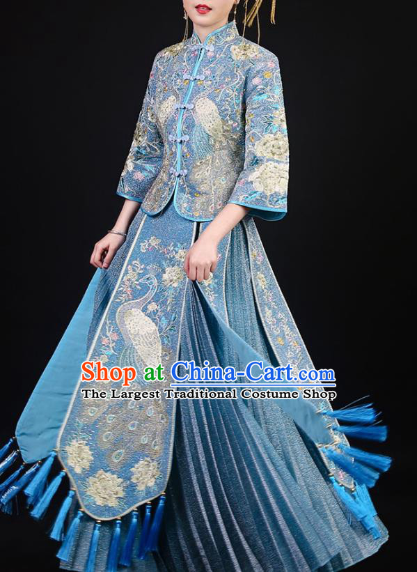 China Bride Blue Dress Outfits Traditional Xiuhe Suits Embroidery Bottom Drawer Clothing Wedding Garment Costumes