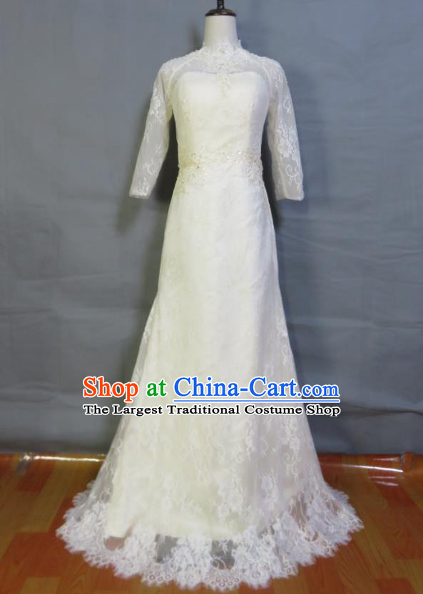 Custom Beige Lace Wedding Dress Modern Dance Fashion Costume Bride Trailing Full Dress Photography Clothing