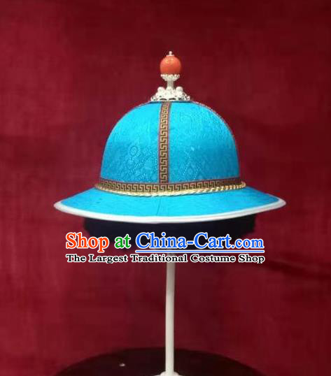 China Ancient Yuan Dynasty Prince Headwear Handmade Blue Satin Hat Mongolian Nationality Boys Headdress