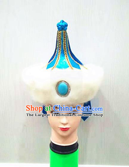 China Handmade Male Blue Hat Mongolian Nationality Folk Dance Headdress Ancient Yuan Dynasty Royal Highness Headwear