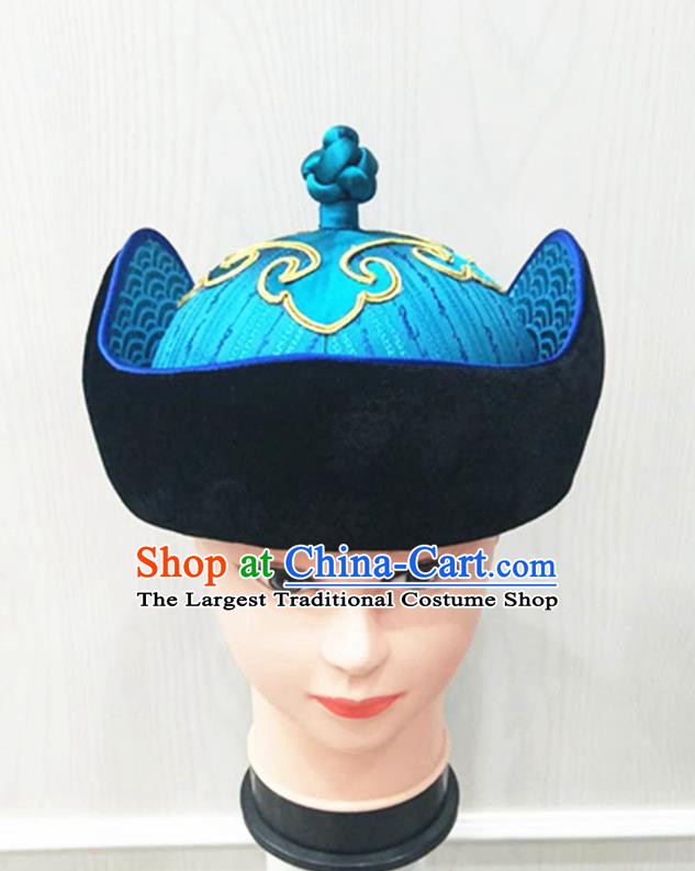 China Handmade Bridegroom Blue Hat Mongolian Nationality Wedding Headdress Ancient Yuan Dynasty King Headwear
