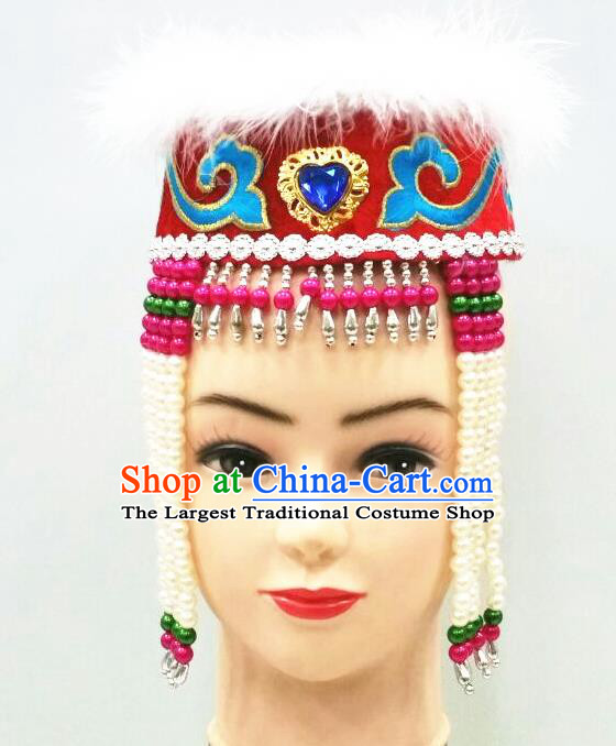 Chinese Ethnic Girl Stage Performance Headdress Mongol Nationality Children Red Hat Mongolian Minority Dance Hair Accessories