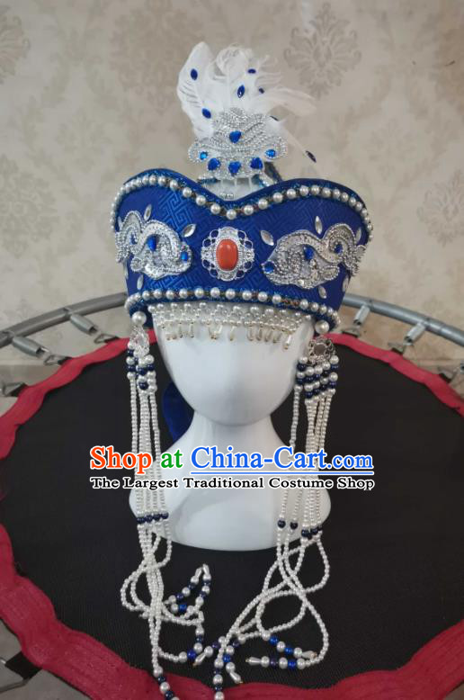 China Mongol Nationality Children Headwear Handmade Princess Beads Tassel Royalblue Hat Mongolian Nationality Girl Performance Headdress