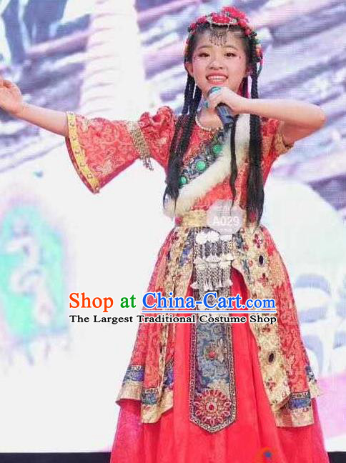 Chinese Traditional Ethnic Stage Performance Red Dress Outfits Zang Minority Folk Dance Apparels Tibetan Nationality Girl Clothing
