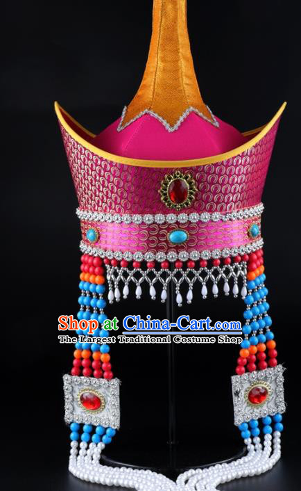 China Mongolian Nationality Bride Headwear Mongol Nationality Festival Performance Hair Accessories Handmade Ethnic Queen Tassel Rosy Hat